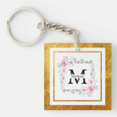 Monogram Initial "M" Floral - Pink Roses & Gold Schlüsselanhänger (Vorderseite)