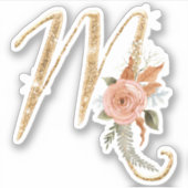 Monogram Initial M Gold Glitzer Peony Rose Floral Aufkleber (Vorderseite)