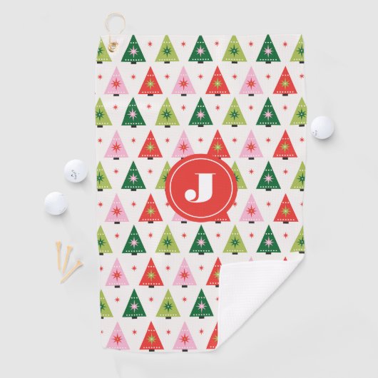 Monogram Initial Merry & Mod Retro Weihnachtsbaum Golfhandtuch (Insitu)