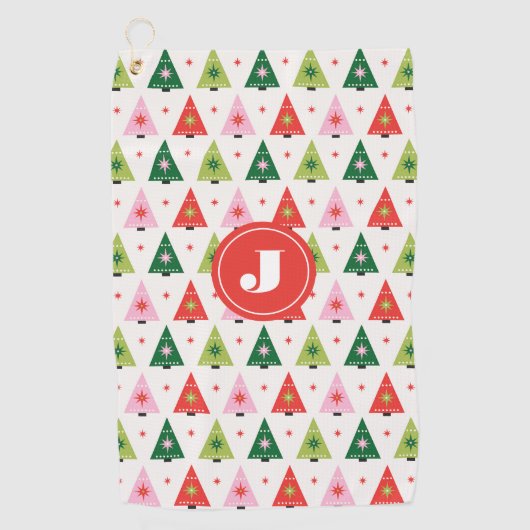 Monogram Initial Merry & Mod Retro Weihnachtsbaum Golfhandtuch (Vorderseite)