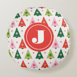 Monogram Initial Merry & Mod Retro Weihnachtsbaum Rundes Kissen