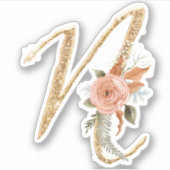 Monogram Initial N Gold Glitzer Peony Rose Floral Aufkleber (Vorderseite)