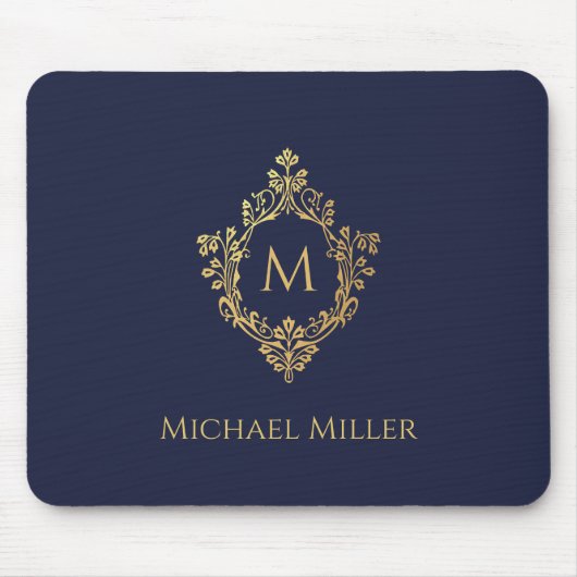 Monogram Initial Navy Blue Imitats Gold Wappen Ele Mousepad (Vorne)
