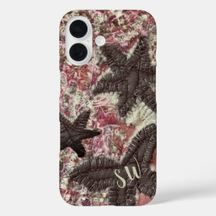 Monogram Initial Niedlich Peach Gray Cream Floral iPhone 16 Hülle