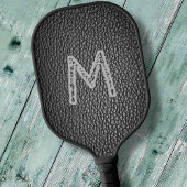 Monogram Initial on Black Leather Grains Print Pickleball Schläger