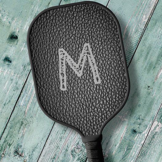 Monogram Initial on Black Leather Grains Print Pickleball Schläger