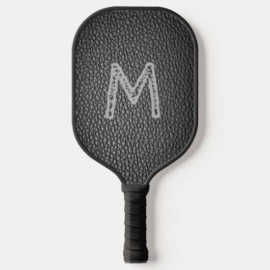 Monogram Initial on Black Leather Grains Print Pickleball Schläger (Vorderseite)