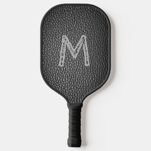 Monogram Initial on Black Leather Grains Print Pickleball Schläger (Rückseite)