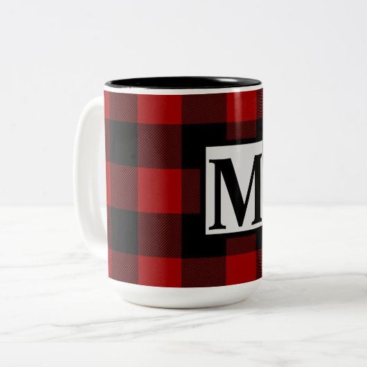 Monogram Initial on Red and Black Buffalo Kariert Zweifarbige Tasse (Vorderseite Links)