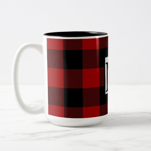 Monogram Initial on Red and Black Buffalo Kariert Zweifarbige Tasse (Links)