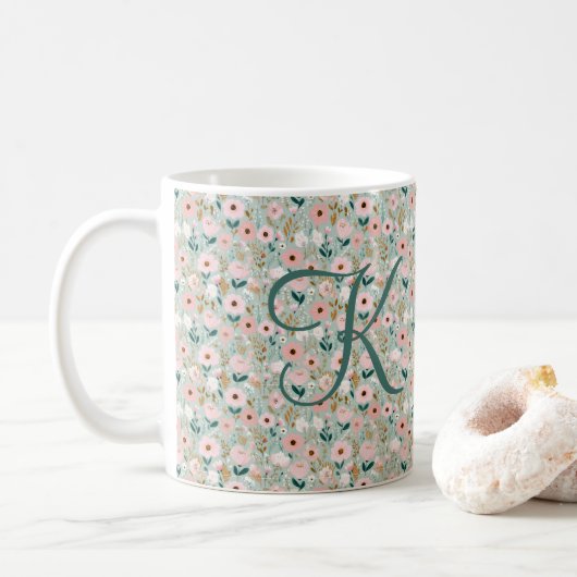 Monogram Initial Pink Green Watercolor Florals  Kaffeetasse (Mit Donut)