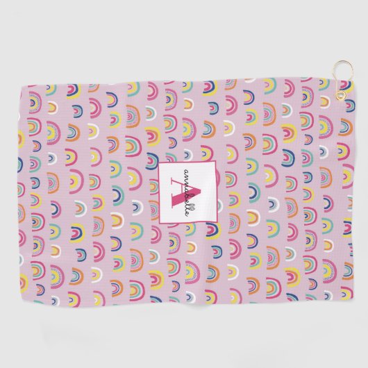 Monogram Initial Pink Rainbow Golf Handtuch (Horizontal)