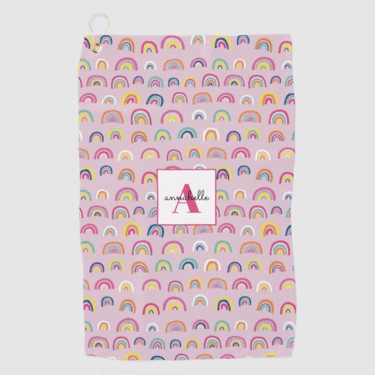 Monogram Initial Pink Rainbow Golf Handtuch (Vorderseite)