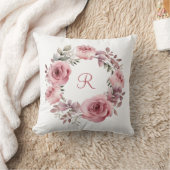 Monogram, Initial Pink Roses Grüne Wasserfarbe Kissen (Decke)