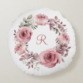 Monogram, Initial Pink Roses Grüne Wasserfarbe Rundes Kissen (Rückseite)