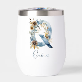 Monogram, Initial Q Blue Floral Watercolor Gift ih