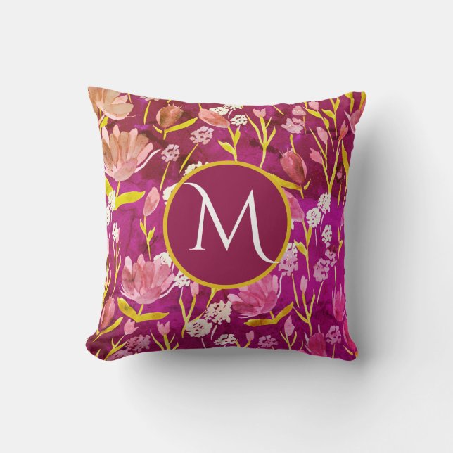 Monogram Initial Romantic Burgundy Floral Kissen (Vorderseite)