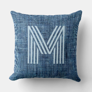 Monogram Initial Rustic Blue Denim Large Kissen