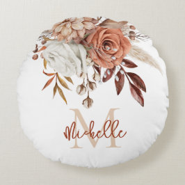 Monogram Initial Rustic Terracotta Florals Rundes Kissen