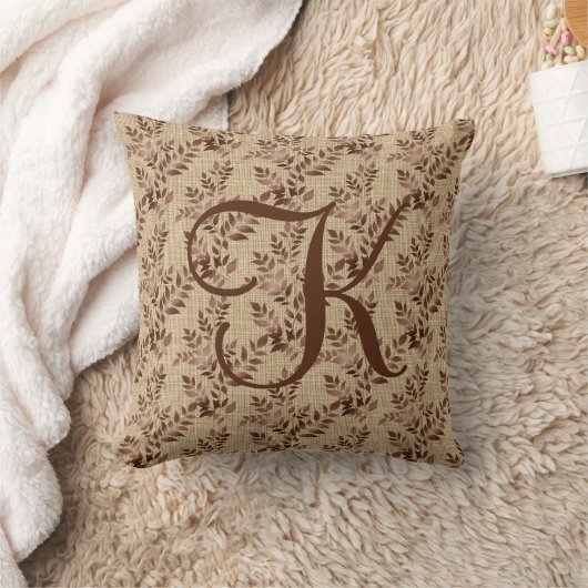 Monogram, Initial Script Brown Rose Gold-Blätter Kissen (Decke)