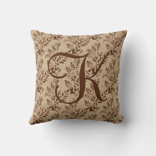 Monogram, Initial Script Brown Rose Gold-Blätter Kissen (Rückseite)