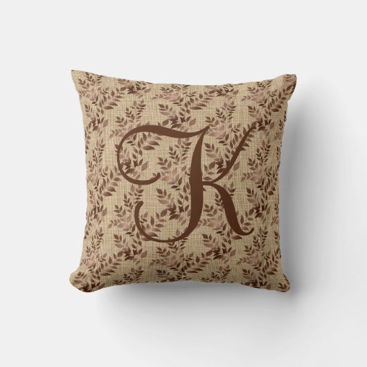 Monogram, Initial Script Brown Rose Gold-Blätter Kissen (Vorderseite)