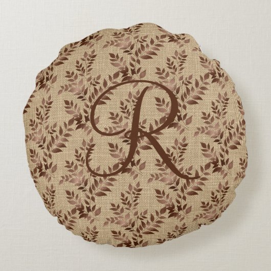 Monogram, Initial Script Brown Rose Gold-Blätter Rundes Kissen (Rückseite)
