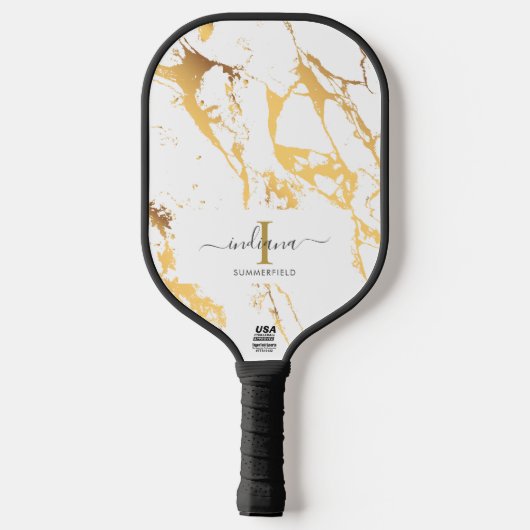 Monogram, Initial Script Name Gold Marble Pickleball Schläger (Rückseite)