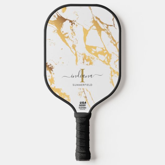 Monogram, Initial Script Name Gold Marble Pickleball Schläger (Vorderseite)