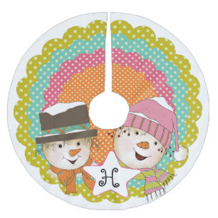 Monogram Initial Snowmen auf Multi-Dot-Tree-Rock Polyester Weihnachtsbaumdecke