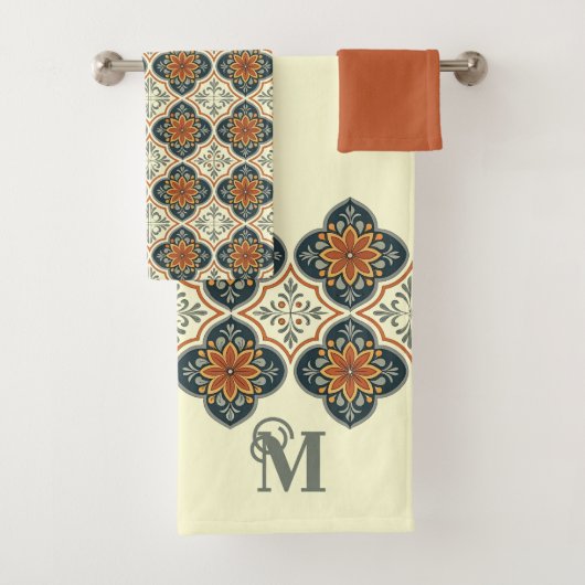 Monogram Initial Spanish Tiles Flower Pattern  Badhandtuch Set (Insitu)
