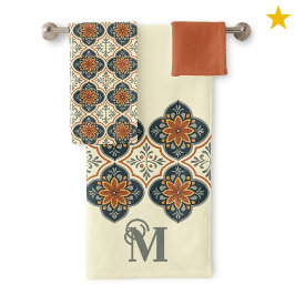 Monogram Initial Spanish Tiles Flower Pattern  Badhandtuch Set