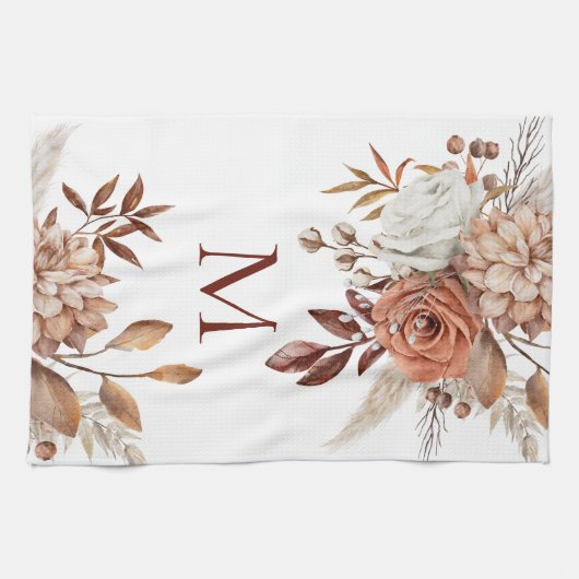 Monogram Initial Terracotta Florals Pampas Geschirrtuch (Horizontal)
