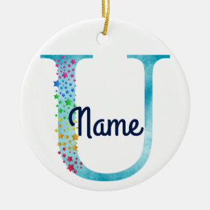 Monogram Initial U Rainbow Star Design Keramik Ornament