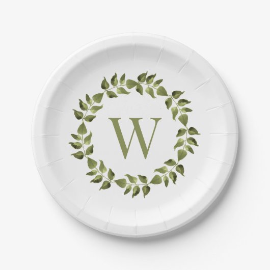 Monogram, Initial Wedding Botanical Green Kranz Pappteller (Vorderseite)