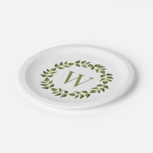 Monogram, Initial Wedding Botanical Green Kranz Pappteller (Schrägansicht)
