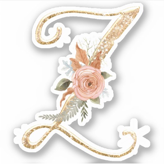 Monogram Initial Z Gold Glitzer Peony Rose Floral Aufkleber (Vorderseite)