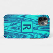 Monogram-Initialen aquamarin Blue Wavy Abstrakt Mu Case-Mate iPhone Hülle (Rückseite (Horizontal))