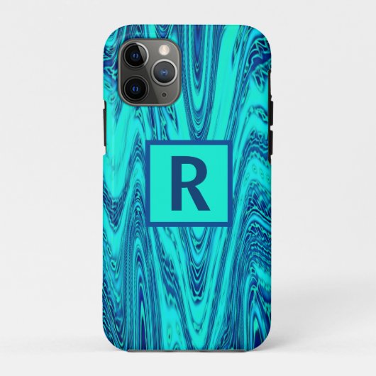 Monogram-Initialen aquamarin Blue Wavy Abstrakt Mu Case-Mate iPhone Hülle (Rückseite)