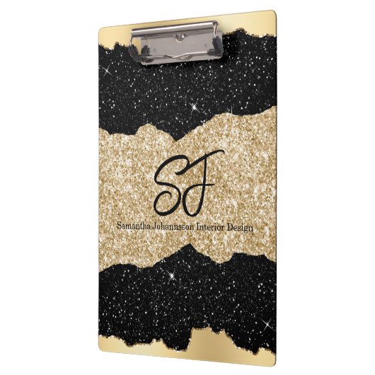 Monogram-Initialen auf Black and Gold Glitzer Klemmbrett (Links)