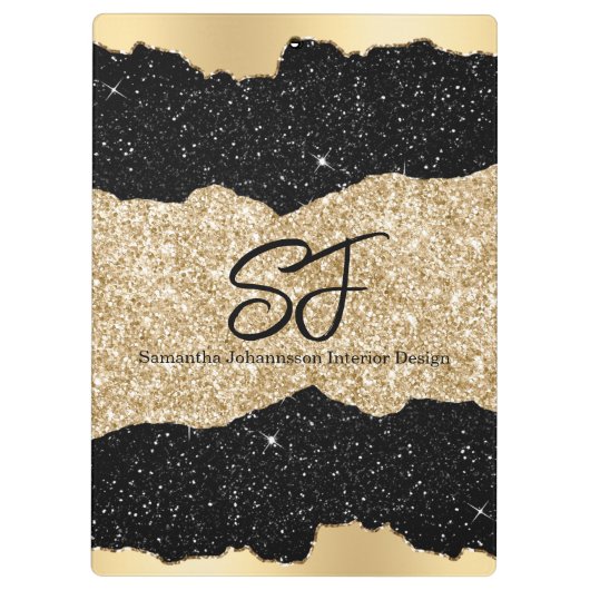 Monogram-Initialen auf Black and Gold Glitzer Klemmbrett (Rückseite)