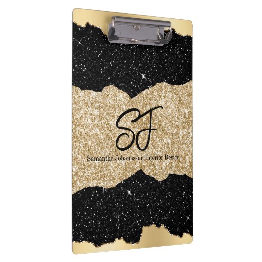 Monogram-Initialen auf Black and Gold Glitzer Klemmbrett (Rechts)