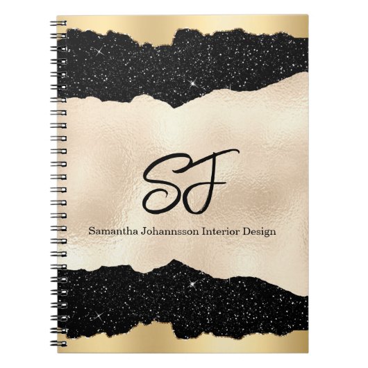 Monogram-Initialen auf Luxuriöse Schwarz und Gold Notizblock (Vorderseite)