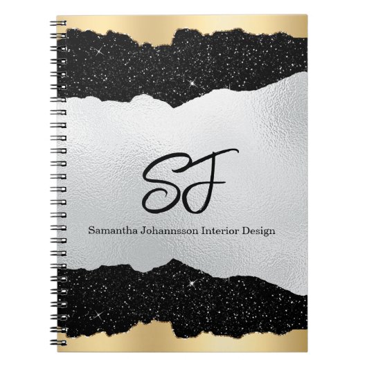 Monogram-Initialen auf Luxuriösem Black Silver & G Notizblock (Vorderseite)