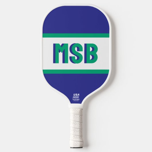 Monogram-Initialen, Fun Green Blue Streifen, Custo Pickleball Schläger (Vorderseite)