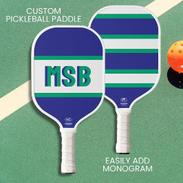 Monogram-Initialen, Fun Green Blue Streifen, Custo Pickleball Schläger