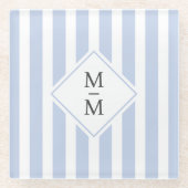 Monogram Initialen staubige hellblaue Streifen Glasuntersetzer (Vorderseite)