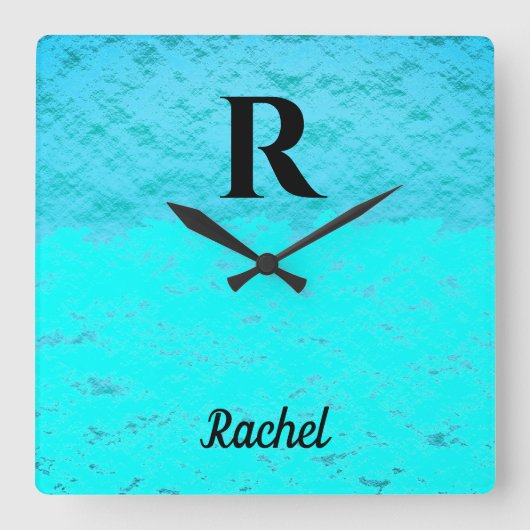 Monogram Initials Aquamarin Blue Türkise Pastel Om Quadratische Wanduhr (Vorderseite)