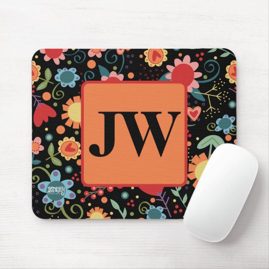 Monogram Initials Black Fun Floral Inspirivity Mousepad (Mit Mouse)