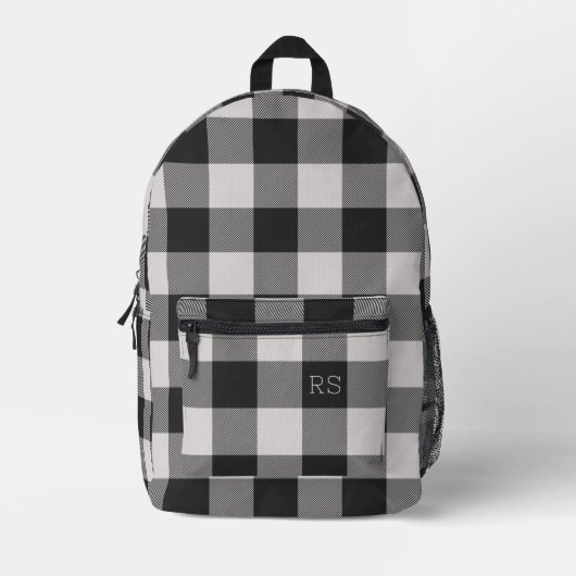 Monogram Initials Black Gingham Buffalo Karo Bedruckter Rucksack (Vorderseite)